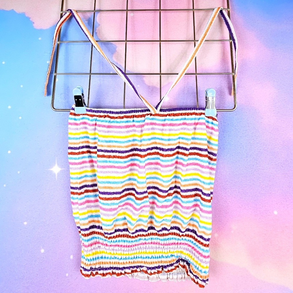 Vintage Halter Tube Top Women OS Multicolor Terry Cloth Striped Smocked Y2K